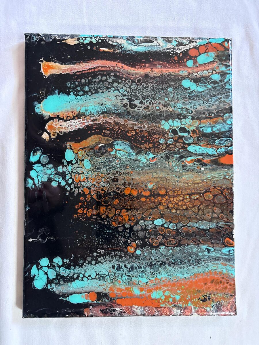 Abstract painting with turquoise, orange, gray, and black flowing bands