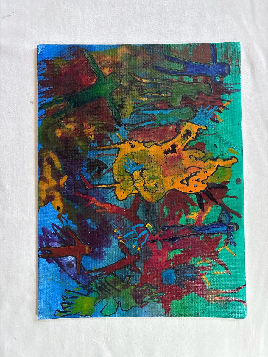 Colorful abstract floral painting on blue and teal background