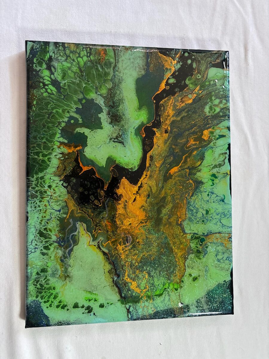 Green and gold abstract painting with black accents