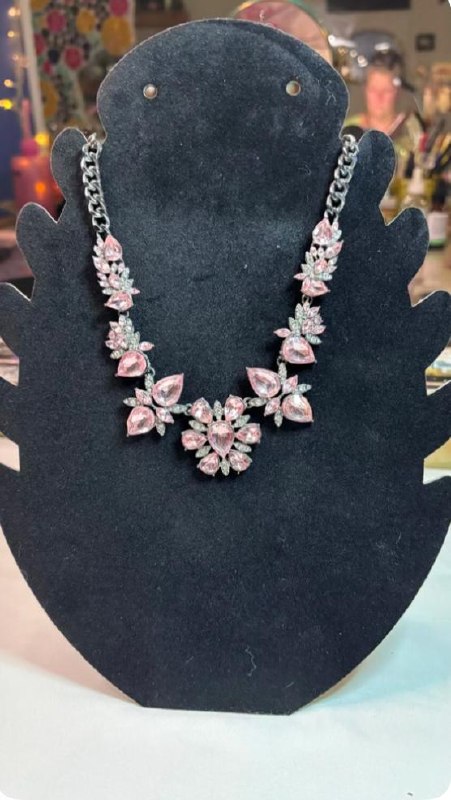 Pink floral statement necklace with silver-tone chain