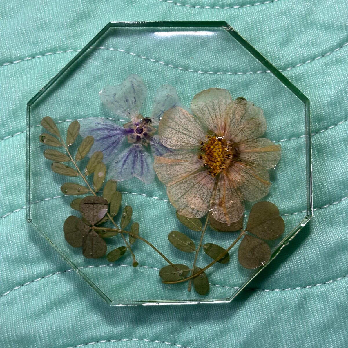 Clear octagon resin tray with pressed flowers and leaves