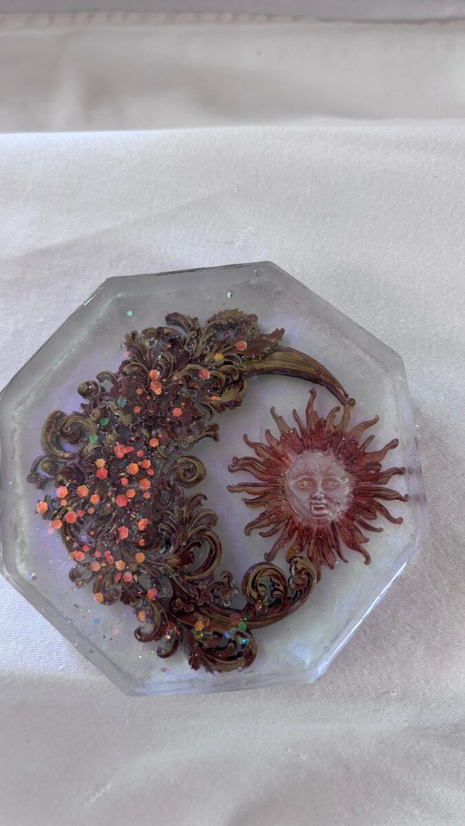 Handmade octagon resin tray with moon, sun, and glitter details